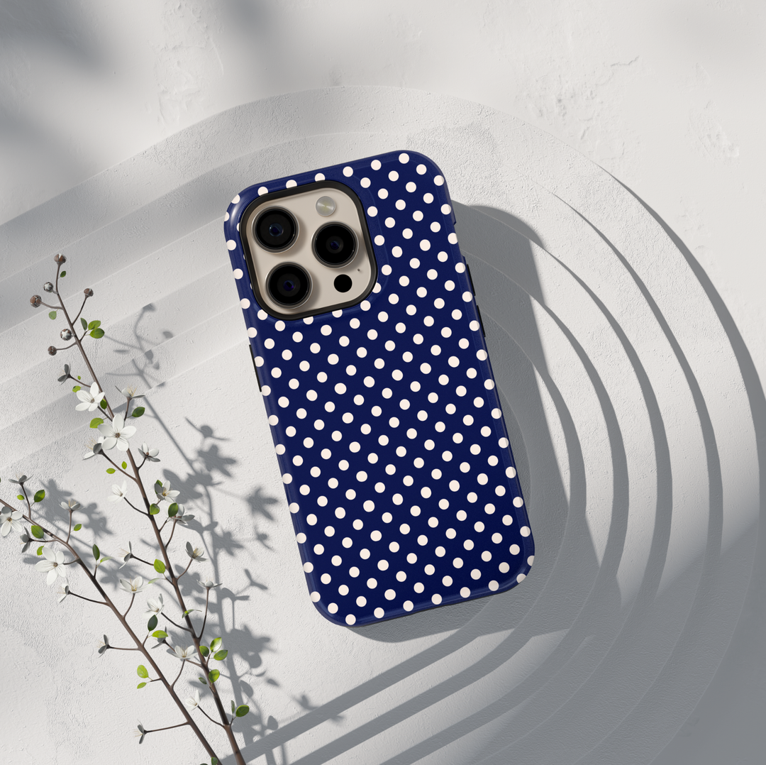 Navy polka dot phone case personalized with name, preppy iPhone 17 case for women, aesthetic Galaxy S25 phone cover, classic feminine phone case