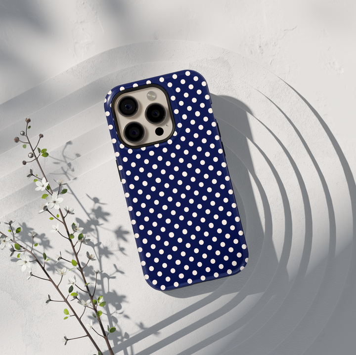 Navy polka dot phone case personalized with name, preppy iPhone 17 case for women, aesthetic Galaxy S25 phone cover, classic feminine phone case