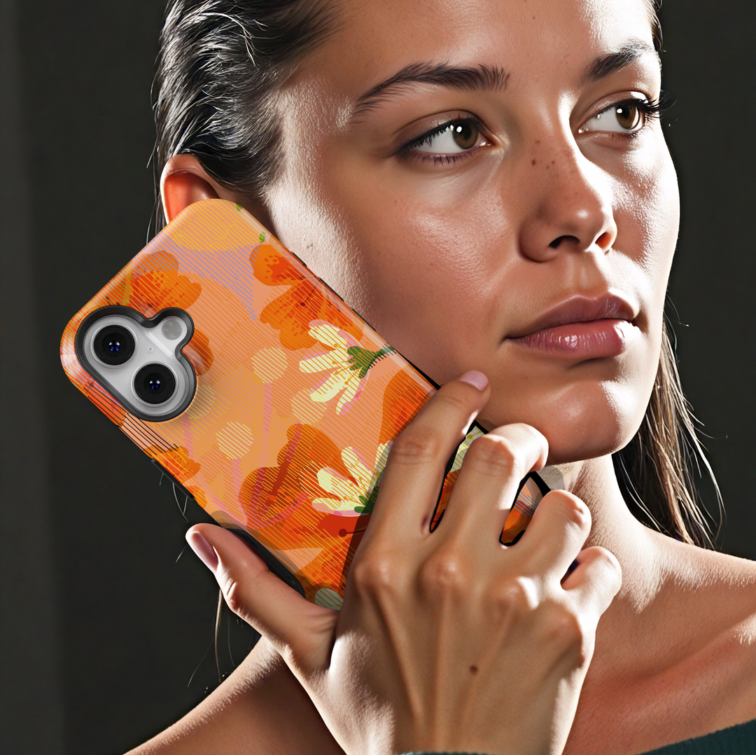 Orange floral phone case with bright summer flowers aesthetic girly case for iPhone 17 Pro Max and Samsung Galaxy S26 Ultra.