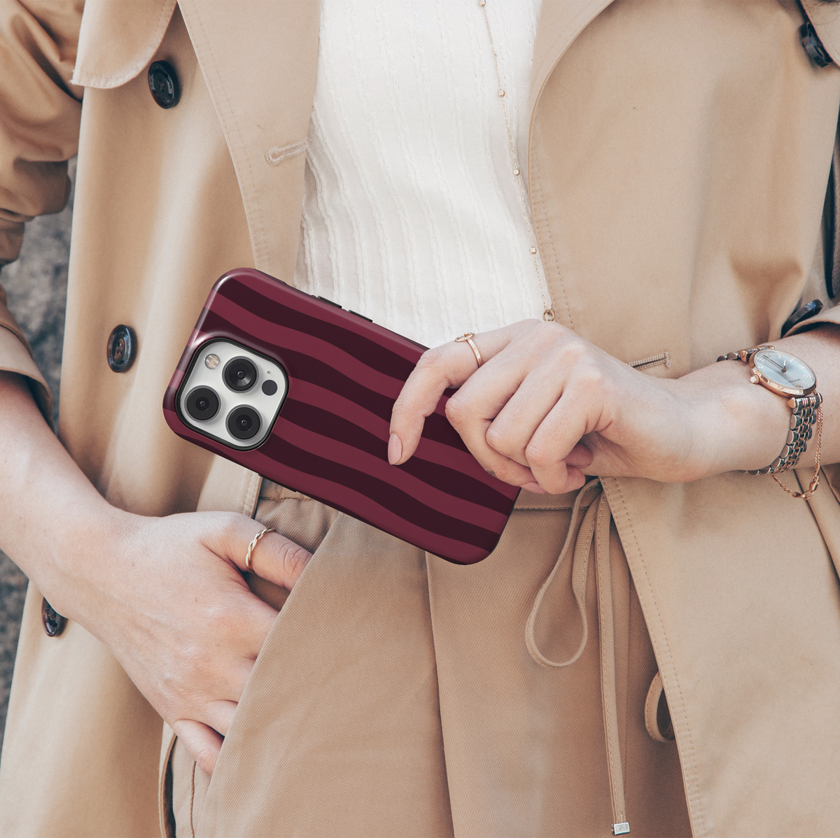 Velvet Rope burgundy striped iPhone 18 Pro Max MagSafe case featuring deep wine red, dark cherry and berry wavy vertical stripes, a sophisticated aesthetic protective tough iPhone 18 Pro phone case with a modern striped pattern and MagSafe compatibility.