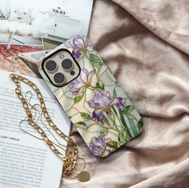 Purple iris floral iPhone 17 Pro Max case with gold detailing and pearl background, aesthetic MagSafe tough case.