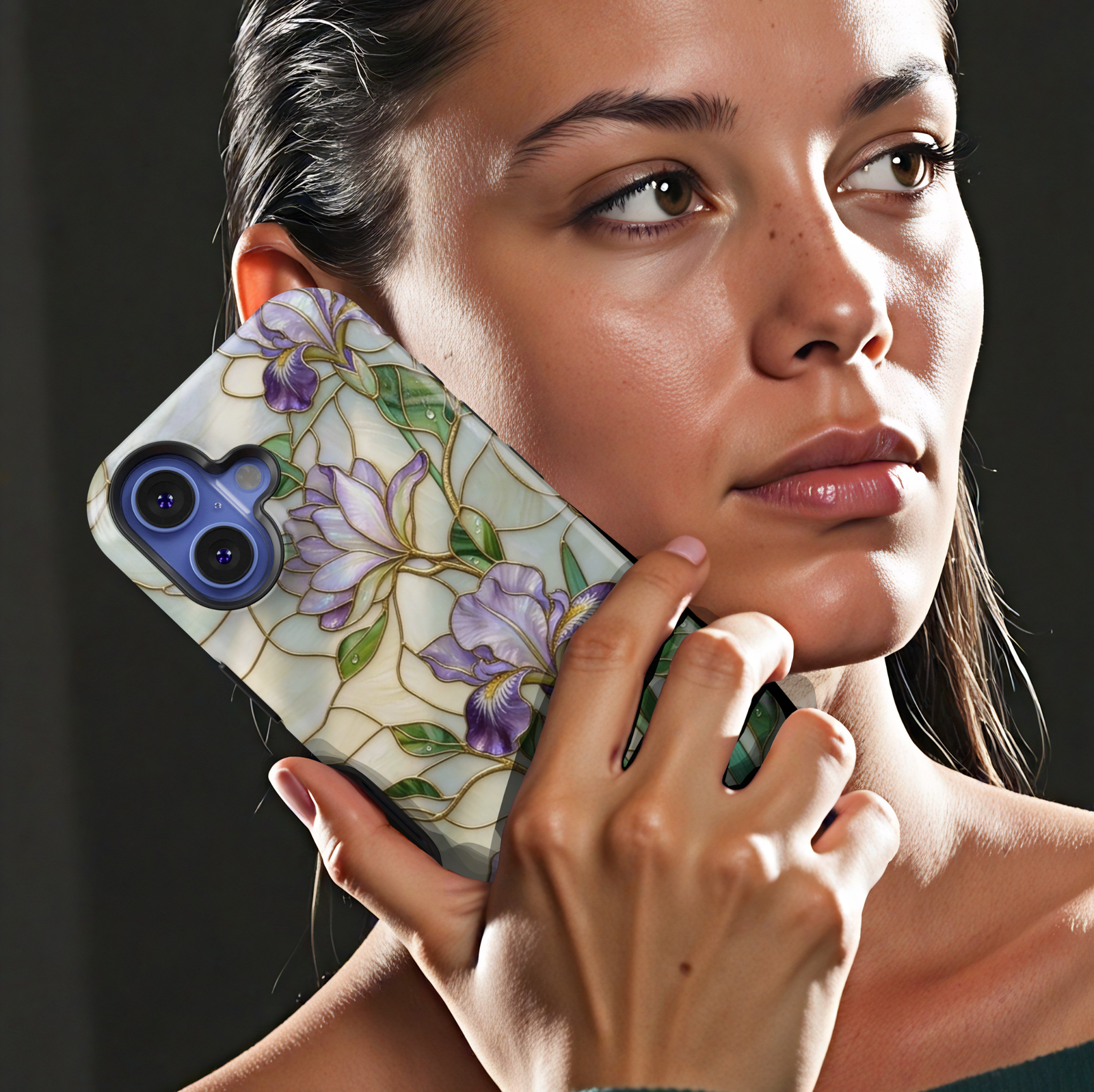 Purple iris floral iPhone 17 Pro Max case with gold detailing and pearl background, aesthetic MagSafe tough case.