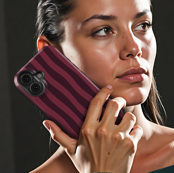 Velvet Rope burgundy striped iPhone 18 Pro Max MagSafe case featuring deep wine red, dark cherry and berry wavy vertical stripes, a sophisticated aesthetic protective tough iPhone 18 Pro phone case with a modern striped pattern and MagSafe compatibility.