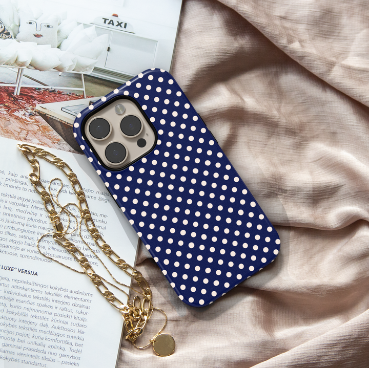Navy polka dot phone case personalized with name, preppy iPhone 17 case for women, aesthetic Galaxy S25 phone cover, classic feminine phone case