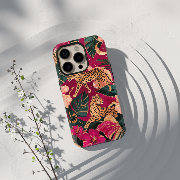 Leopard floral jungle phone case with pink flowers and green leaves aesthetic girly luxury case for iPhone 17 Pro Max and Samsung Galaxy S26 Ultra.