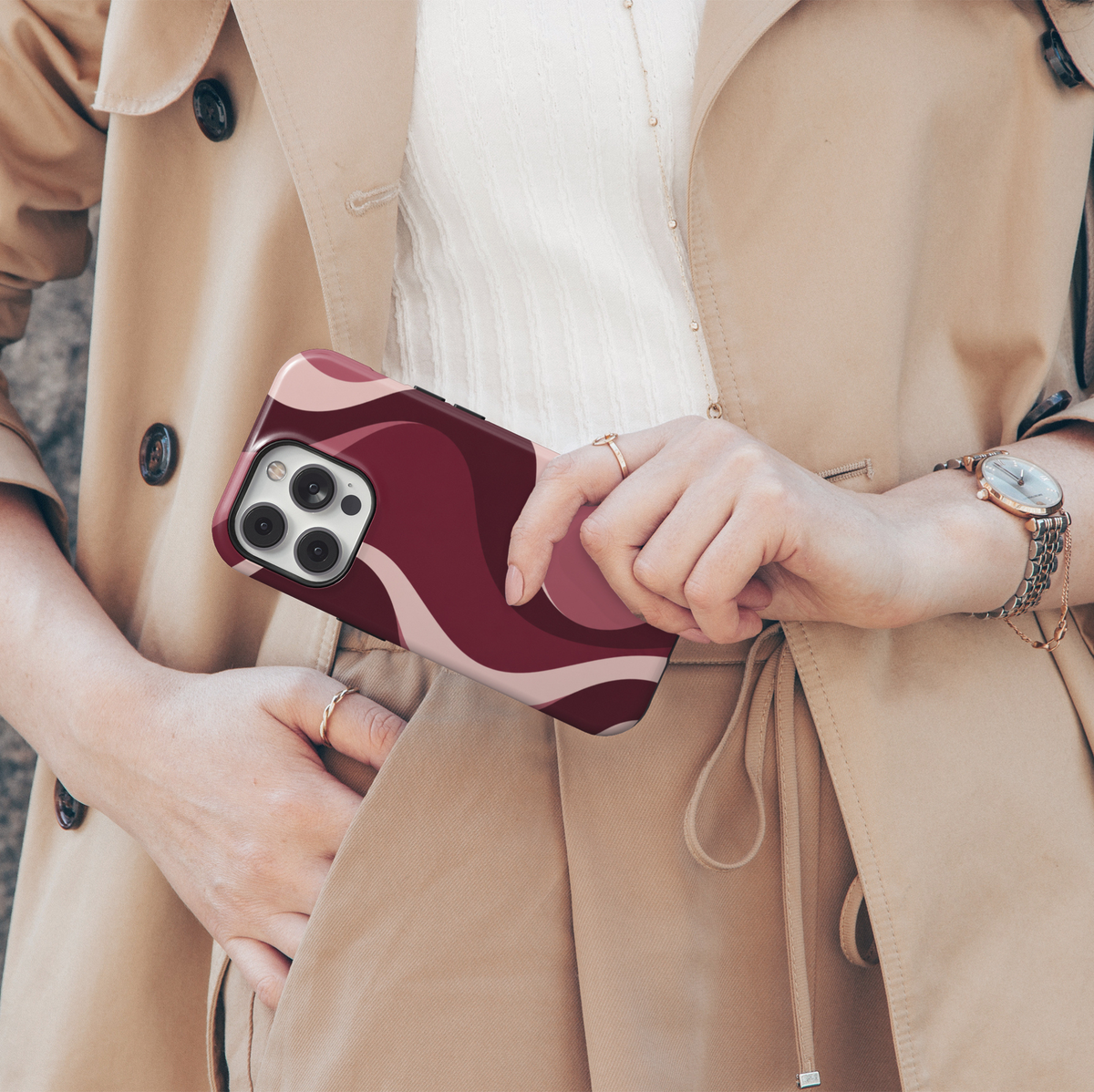 Slow Burn burgundy abstract iPhone 18 Pro Max MagSafe case featuring flowing merlot, wine red, dusty rose and blush pink waves, a feminine retro aesthetic protective tough iPhone 18 Pro phone case with a modern swirl design and MagSafe compatibility.