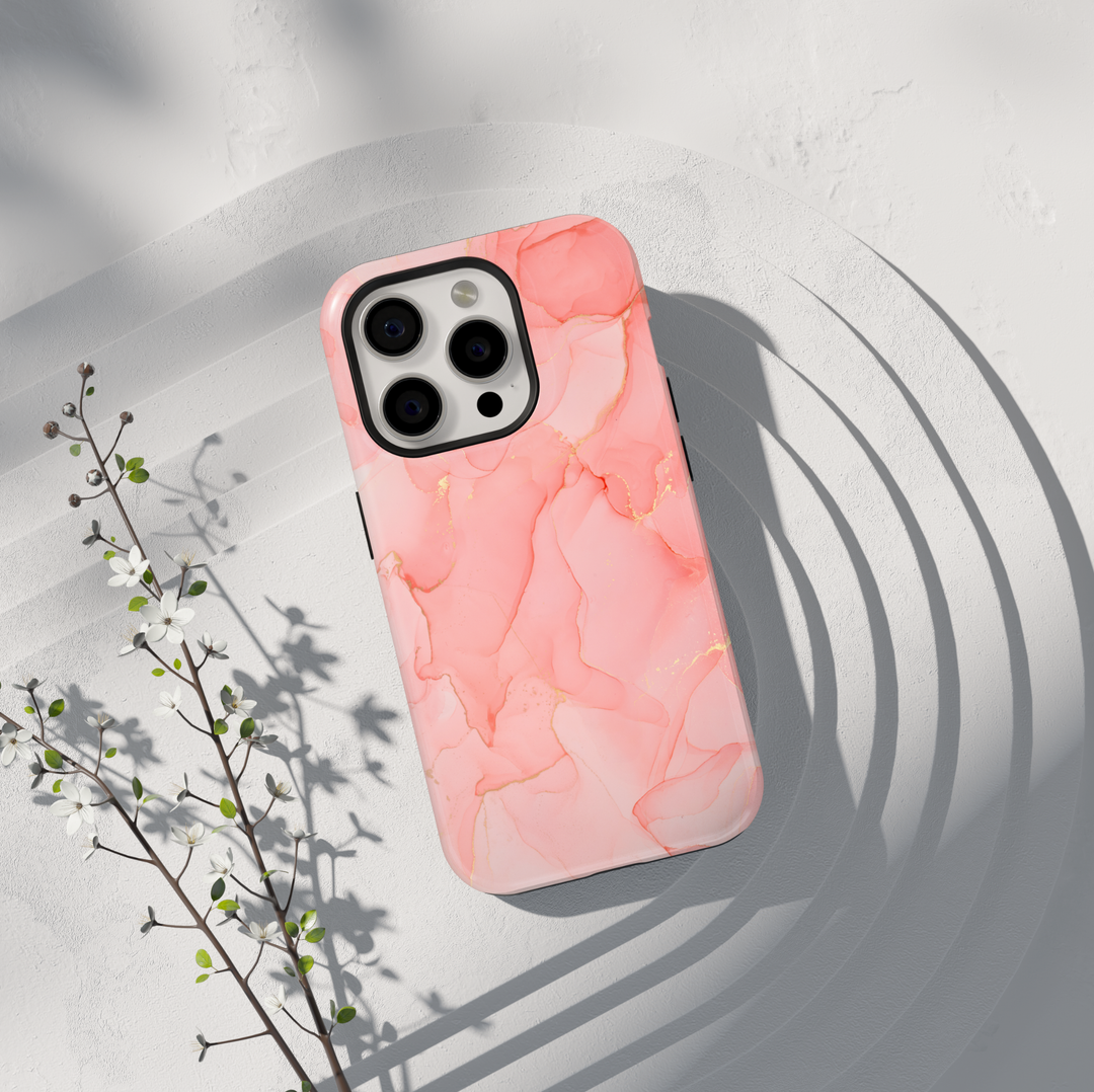 Personalized Pink marble phone case with gold accents and custom name design