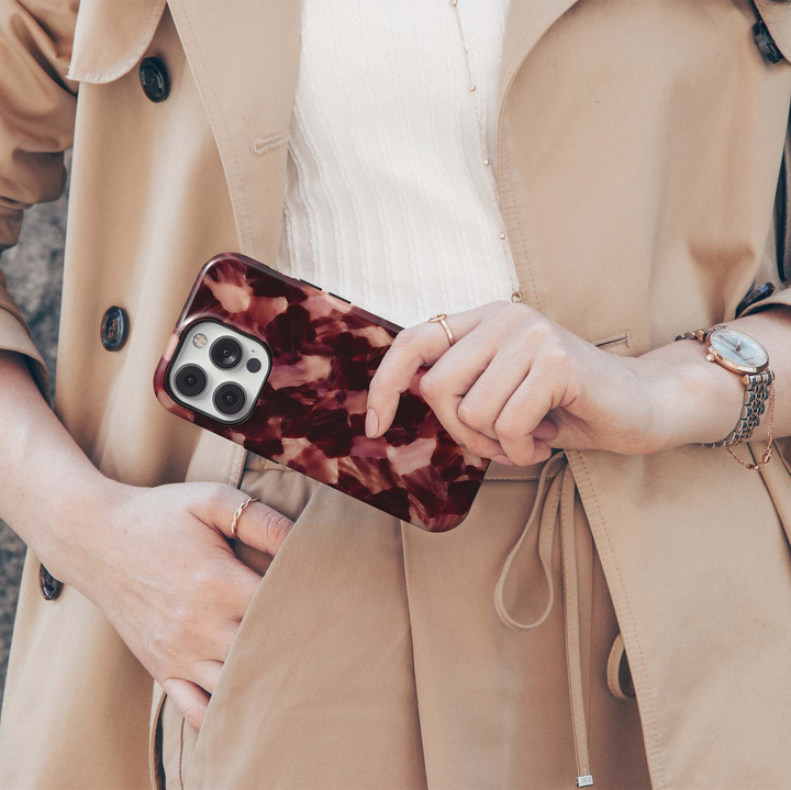 Bordeaux Tortoise iPhone 18 Pro Max MagSafe case featuring a glossy tortoiseshell pattern in deep Bordeaux, burgundy, merlot, wine red, dusty rose and blush, a luxurious feminine tough iPhone 18 Pro phone case with MagSafe compatibility.
