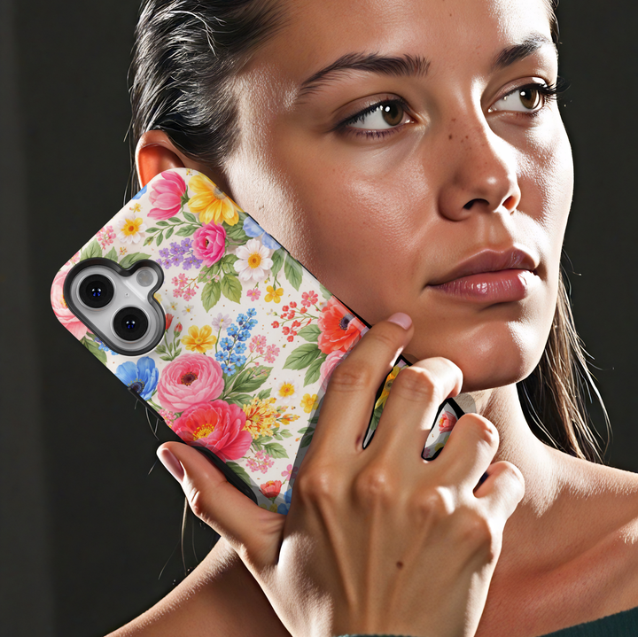 Bright colorful floral iPhone 17 case with vibrant garden bouquet flowers on light background protective tough case for iPhone 17 Pro Max, iPhone 17 Pro, iPhone 16 Pro Max, iPhone 16 Plus