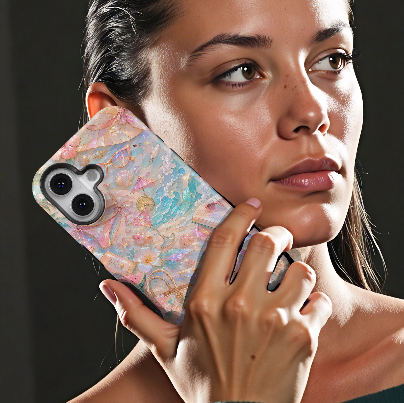 Beach aesthetic iPhone 17 Pro Max case featuring ocean waves, seashells, tropical flowers, beach accessories, cocktails, and pastel coastal artwork.