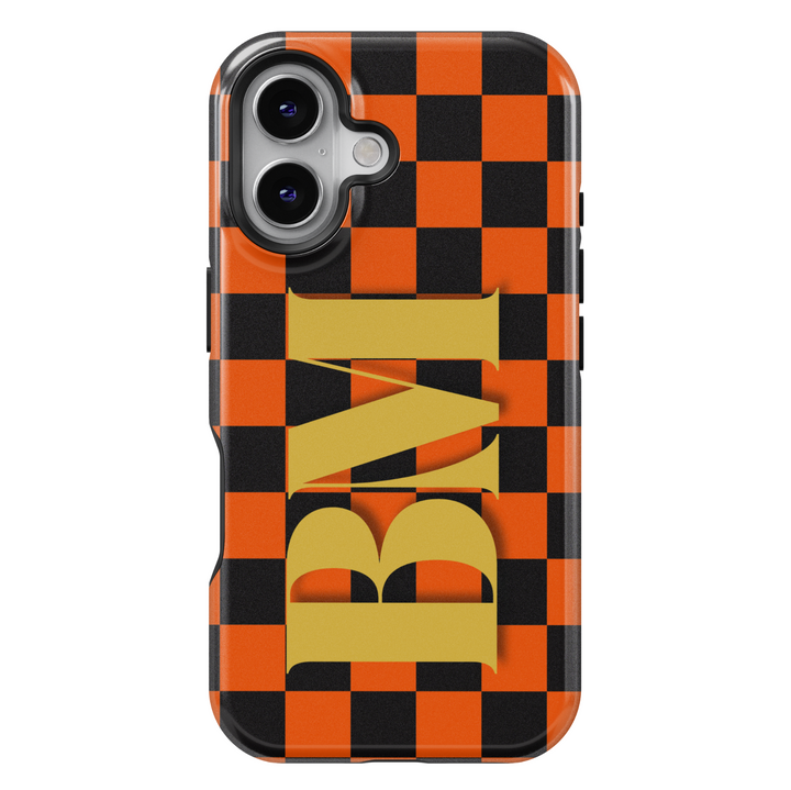 Orange and black checkerboard tough phone case with gold monogram initials – chic protective iPhone and Samsung cover