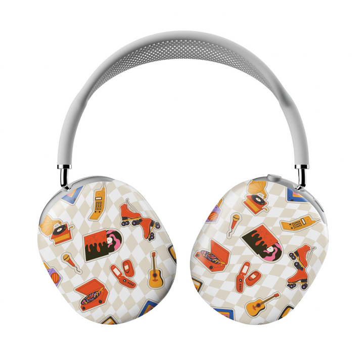 Beige AirPods Max cover with retro illustrations of roller skates, vinyl players, flip phones, guitars, and microphones, vintage aesthetic headphone skin for Apple AirPods Max.