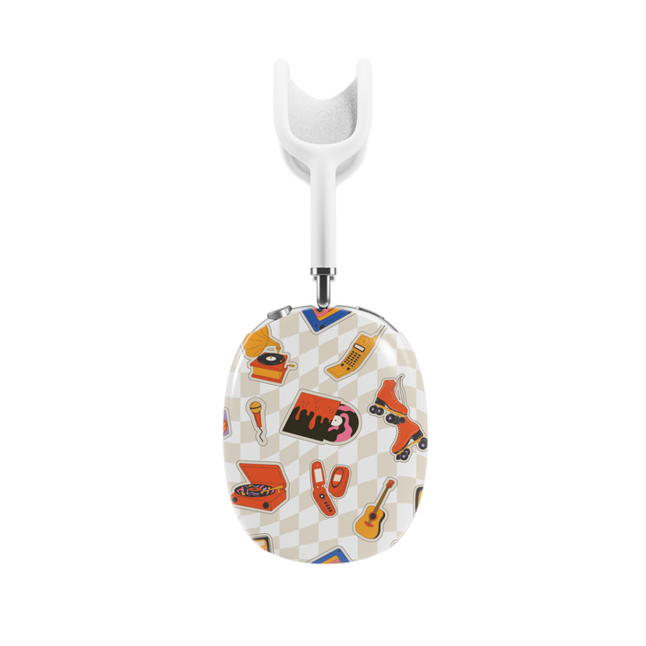 Beige AirPods Max cover with retro illustrations of roller skates, vinyl players, flip phones, guitars, and microphones, vintage aesthetic headphone skin for Apple AirPods Max.