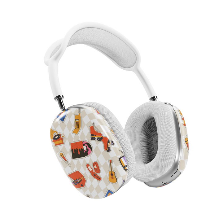 Beige AirPods Max cover with retro illustrations of roller skates, vinyl players, flip phones, guitars, and microphones, vintage aesthetic headphone skin for Apple AirPods Max.