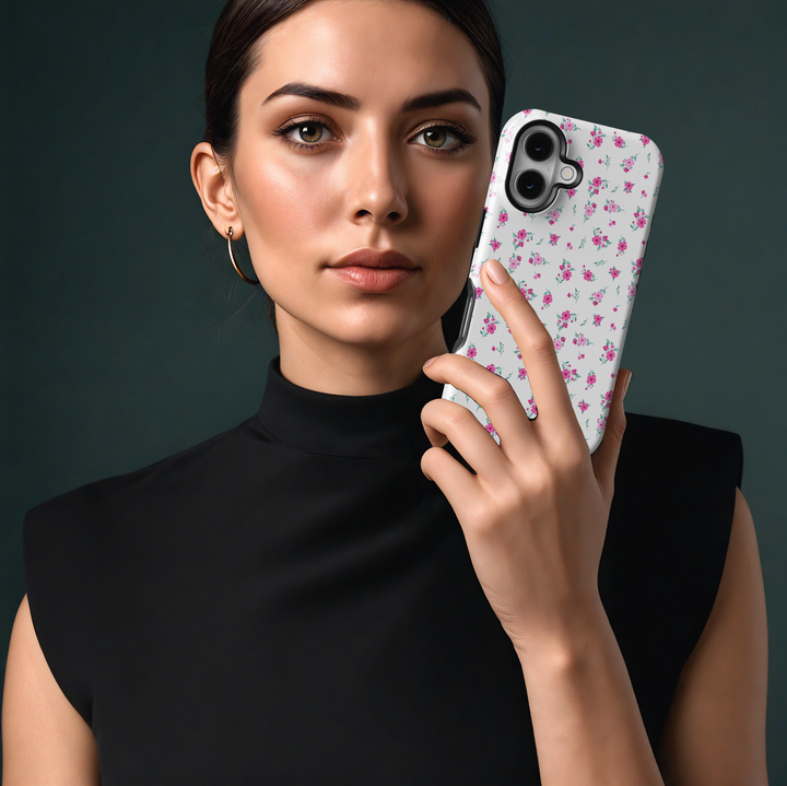 Pink floral iPhone 16 MagSafe tough phone case, soft white background spring flower pattern, cute protective case for women, gift for her

