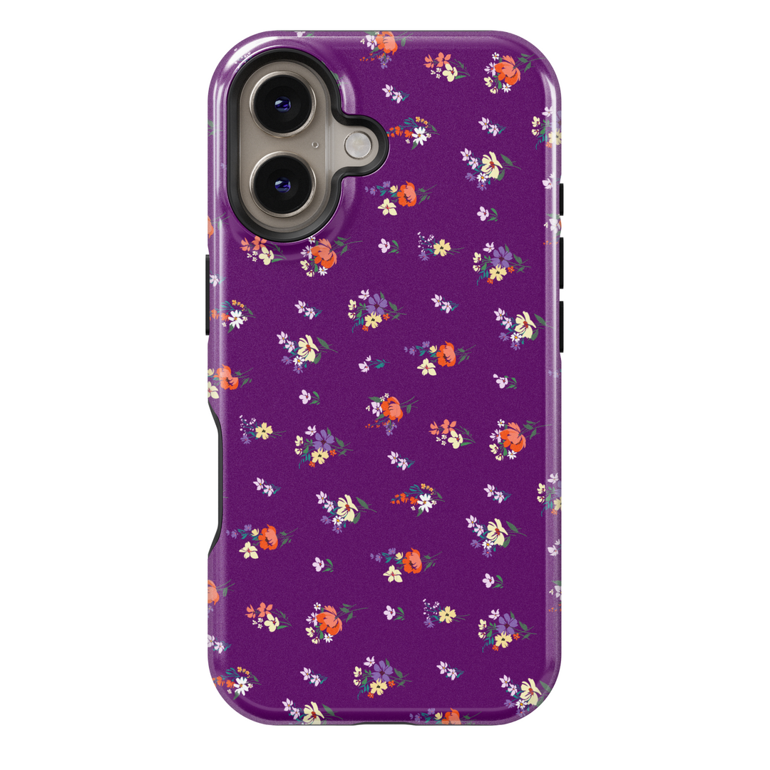 Purple floral iPhone 16 MagSafe tough case, colorful spring flower pattern phone case for women, protective gift for her