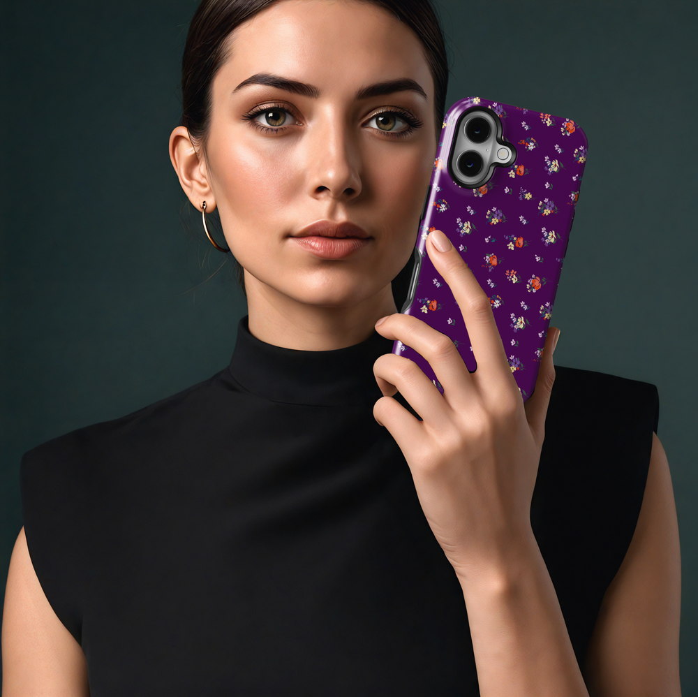 Purple floral iPhone 16 MagSafe tough case, colorful spring flower pattern phone case for women, protective gift for her

