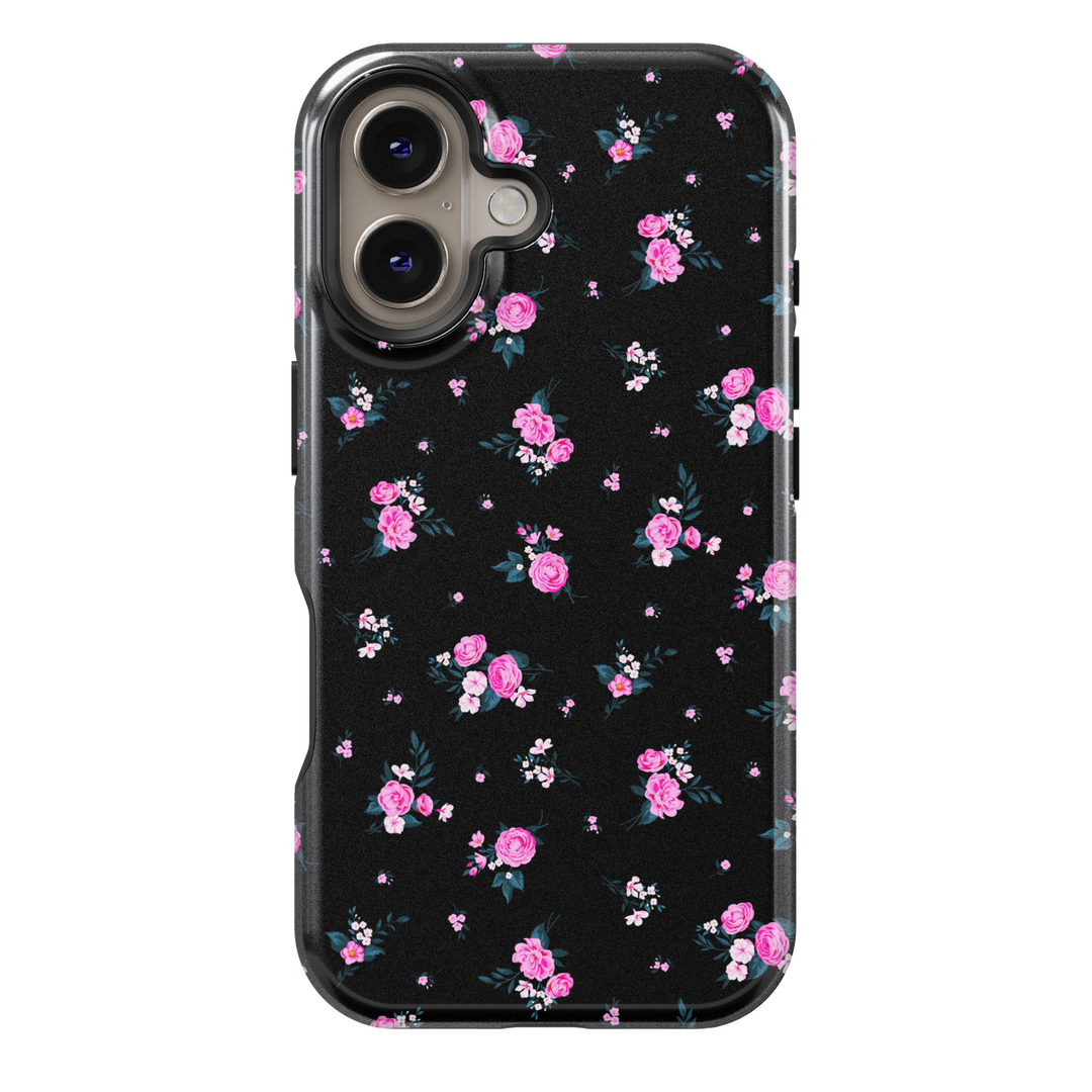 Black background with pink floral iPhone 16 MagSafe tough case, elegant spring flower phone case for women, protective gift for her