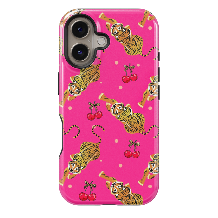 Pink tiger and cherry pattern iPhone 16 MagSafe tough case, cute protective phone case for women, bold spring summer design, gift for her

