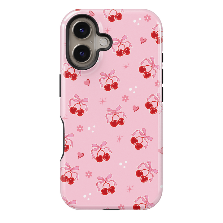 Pink cherry bow iPhone 16 MagSafe case, cute girly tough phone case for women, spring kawaii phone cover, cherry pattern gift for her


