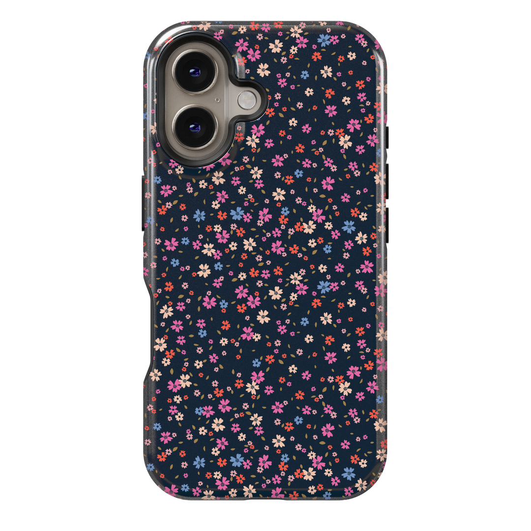 Dark navy floral iPhone 16 MagSafe tough case with colorful tiny spring flowers, phone case for women, durable gift for her, elegant protective cover