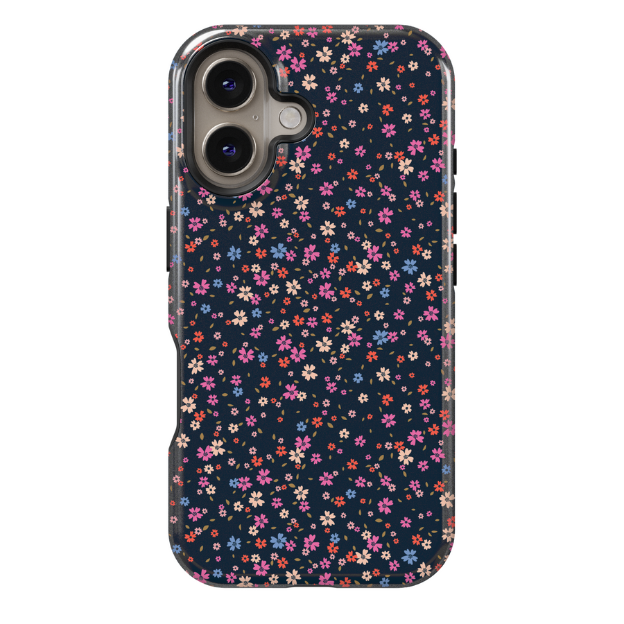 Dark navy floral iPhone 16 MagSafe tough case with colorful tiny spring flowers, phone case for women, durable gift for her, elegant protective cover