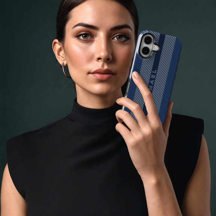 Sleek navy blue striped iPhone case with personalized name. Stylish and modern design for a sophisticated and professional look.