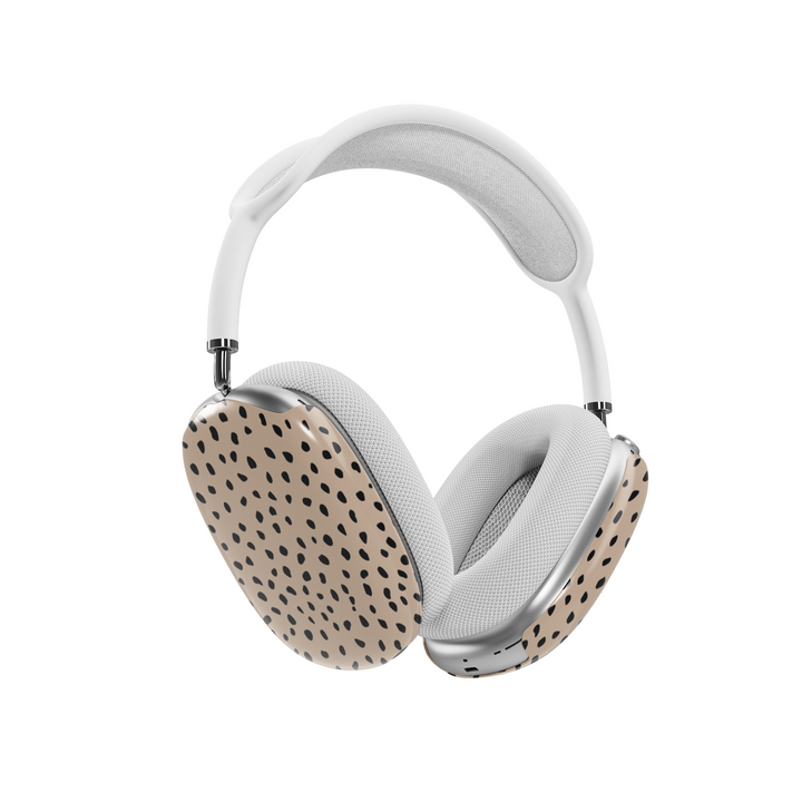 Neutral beige AirPods Max cover with black abstract dot pattern, modern minimalist headphone skin for Apple AirPods Max, stylish tech accessory.