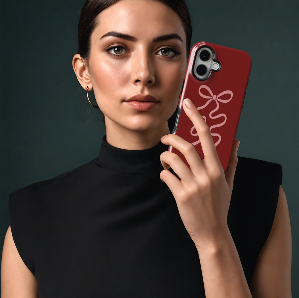 iPhone 16 MagSafe case for women with pink bow on red background – Red Romance