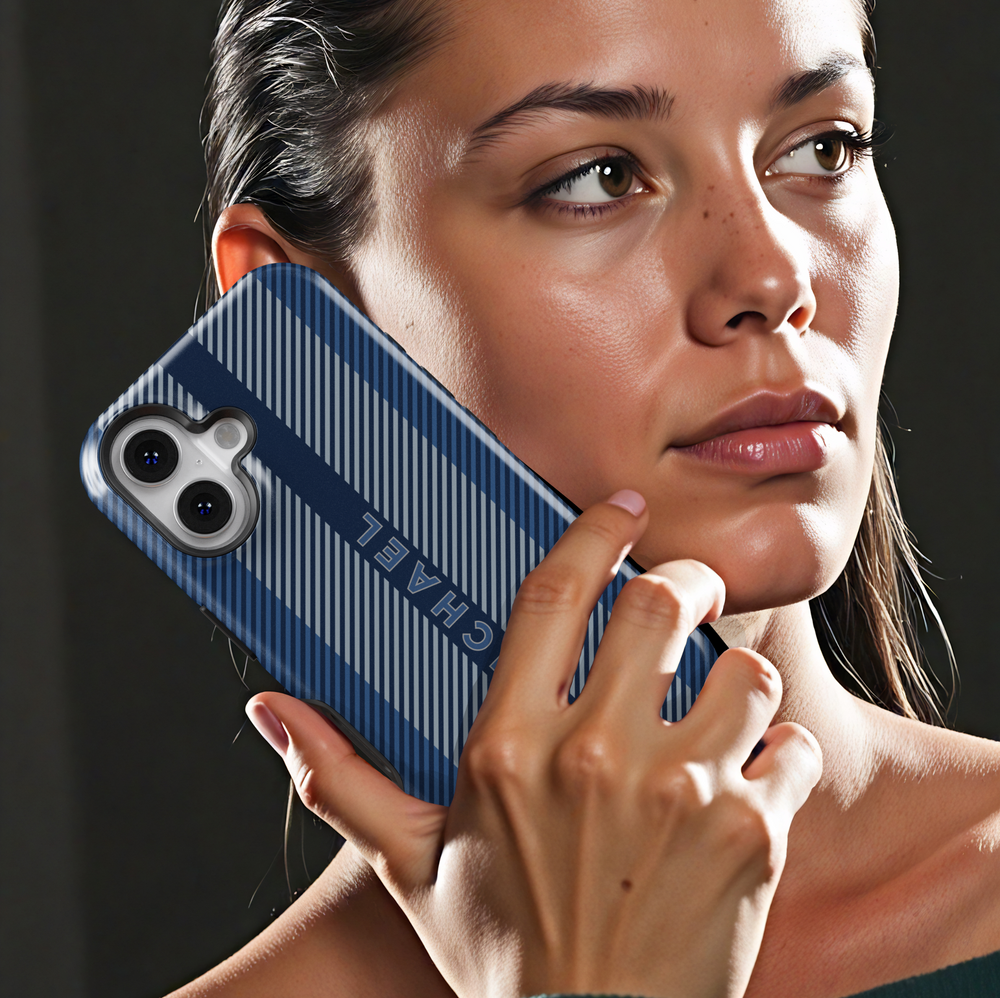 Sleek navy blue striped iPhone case with personalized name. Stylish and modern design for a sophisticated and professional look.