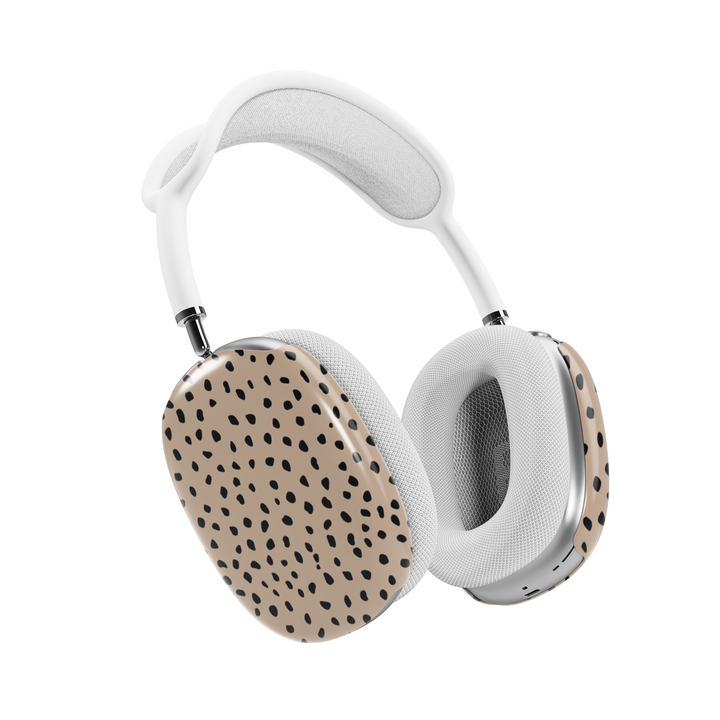 Neutral beige AirPods Max cover with black abstract dot pattern, modern minimalist headphone skin for Apple AirPods Max, stylish tech accessory.