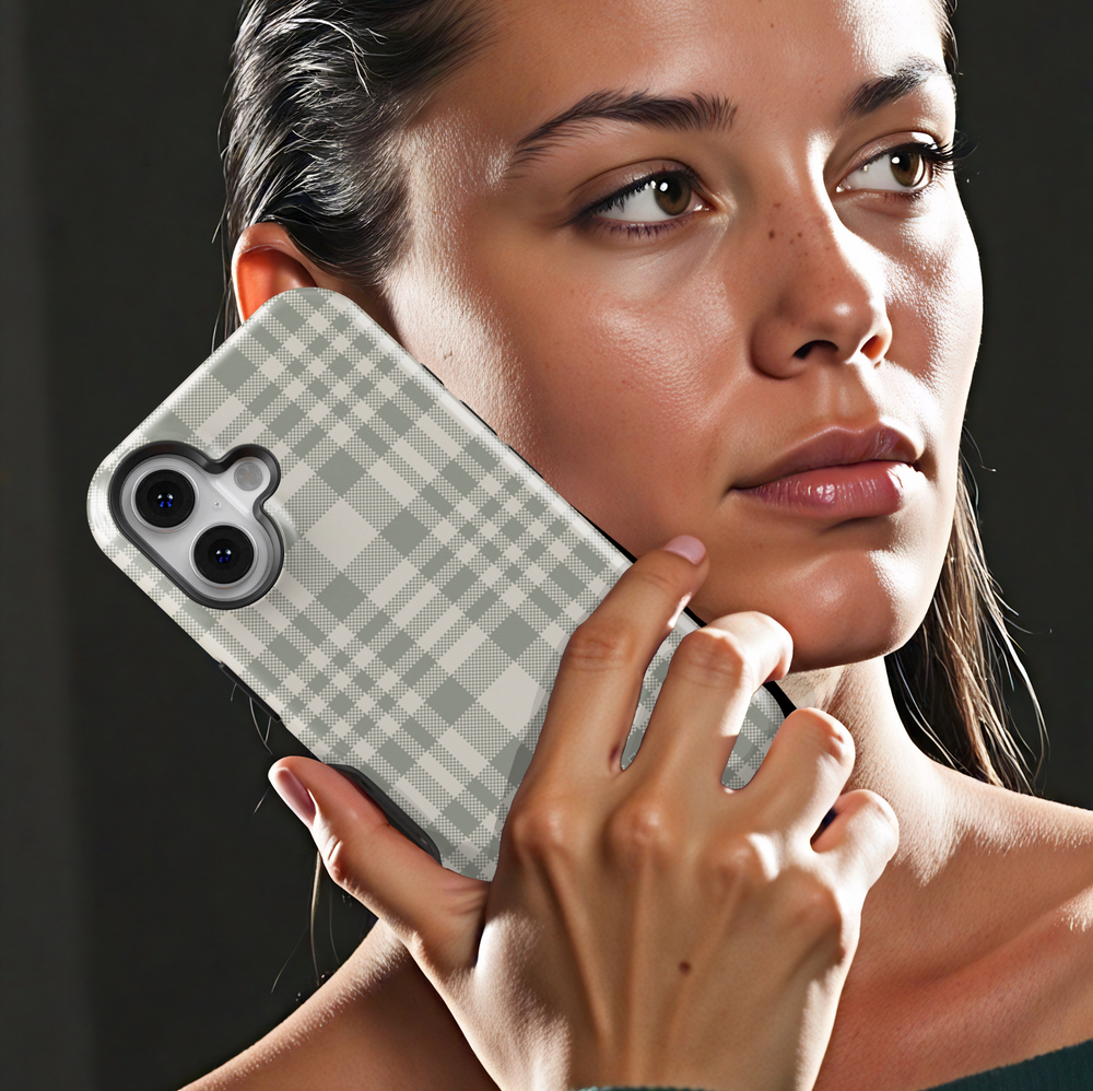 Minimalist personalized plaid iPhone case in neutral sage green tones with a custom name. Stylish and timeless phone cover for everyday use.