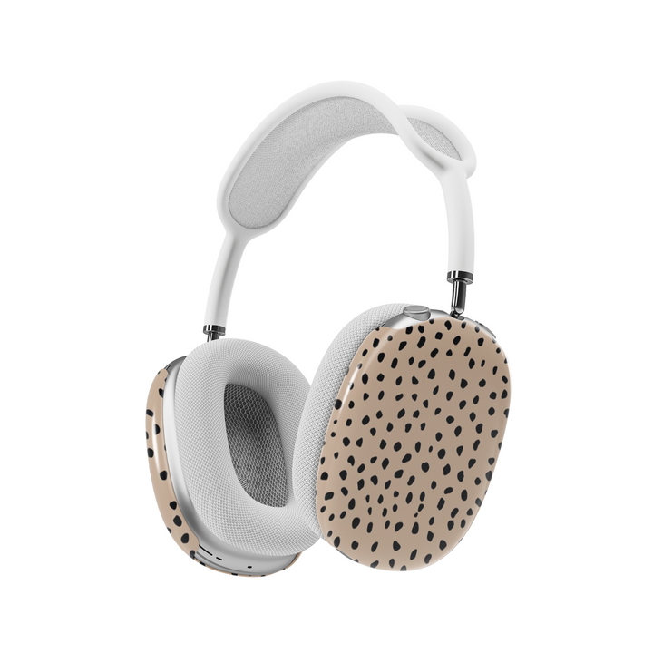 Neutral beige AirPods Max cover with black abstract dot pattern, modern minimalist headphone skin for Apple AirPods Max, stylish tech accessory.
