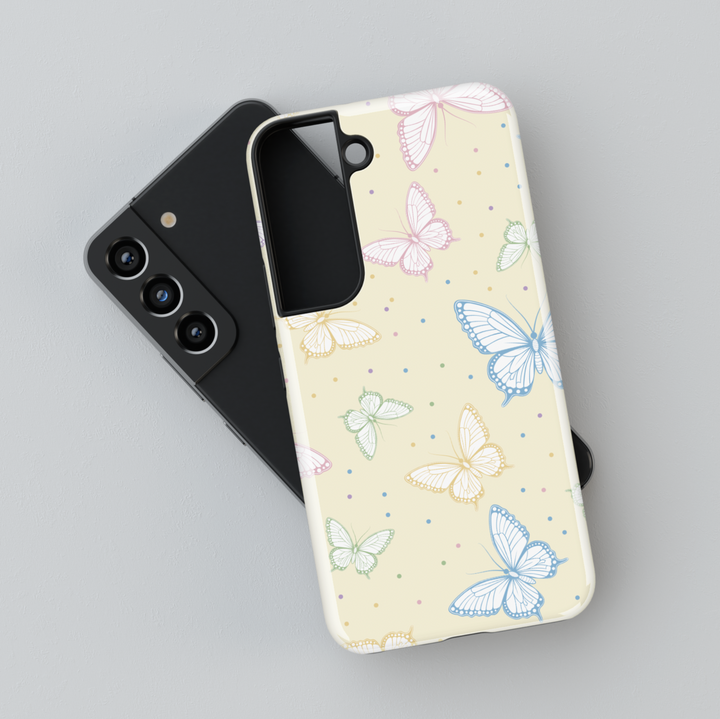 Galaxy phone case with pastel butterfly design and cream background – whimsical and cute feminine aesthetic