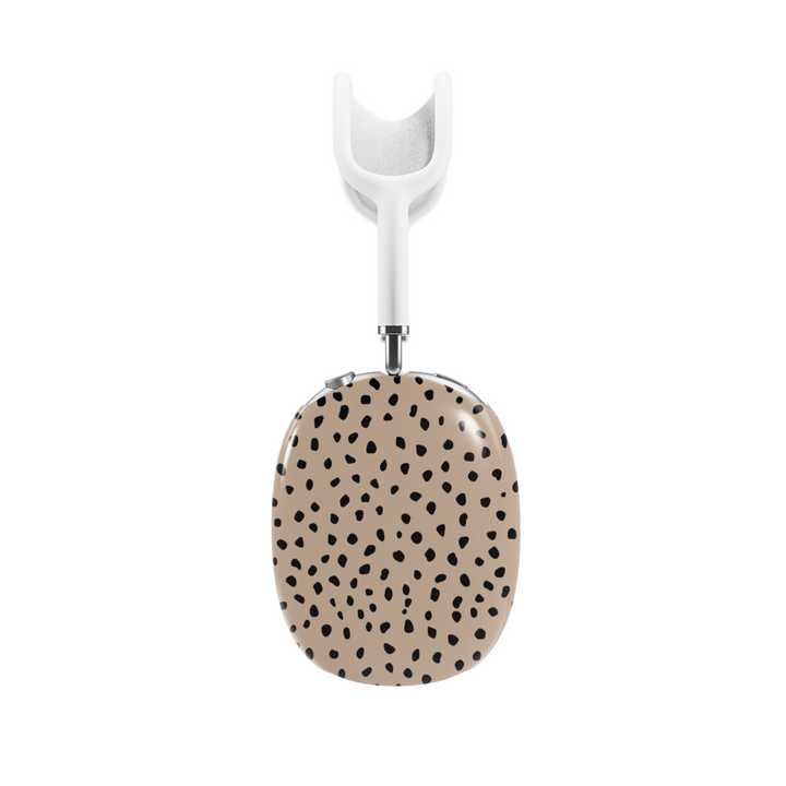 Neutral beige AirPods Max cover with black abstract dot pattern, modern minimalist headphone skin for Apple AirPods Max, stylish tech accessory.