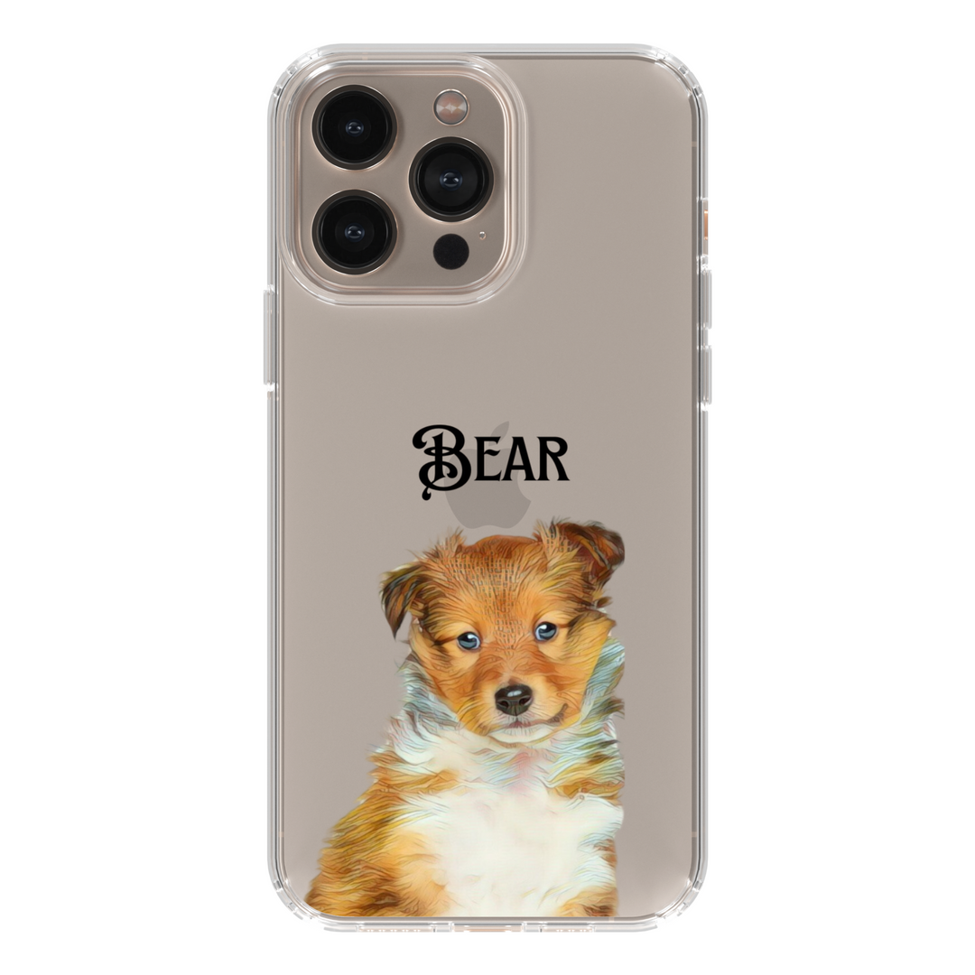 Custom pet portrait iPhone case featuring a realistic dog illustration with a personalized name. Clear phone cover for iPhone 15, 14, 13, 12 Pro Max and more. A perfect personalized gift for pet lovers.