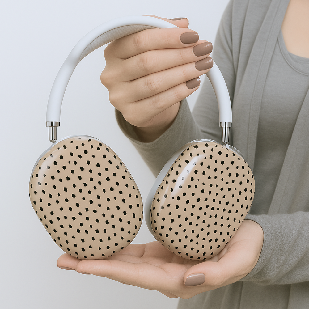 Neutral beige AirPods Max cover with black abstract dot pattern, modern minimalist headphone skin for Apple AirPods Max, stylish tech accessory.