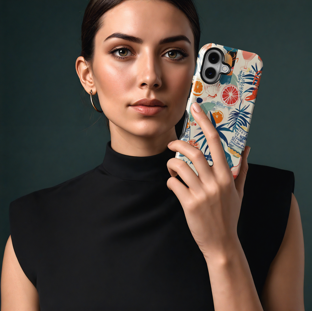 iPhone 16 MagSafe phone case with tropical cocktail, citrus fruits, shells, palm trees, and colorful island elements

