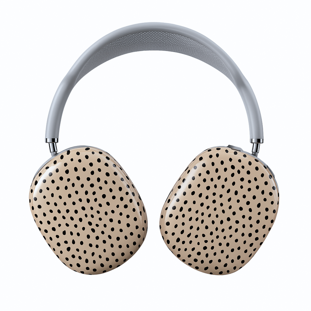 Neutral beige AirPods Max cover with black abstract dot pattern, modern minimalist headphone skin for Apple AirPods Max, stylish tech accessory.