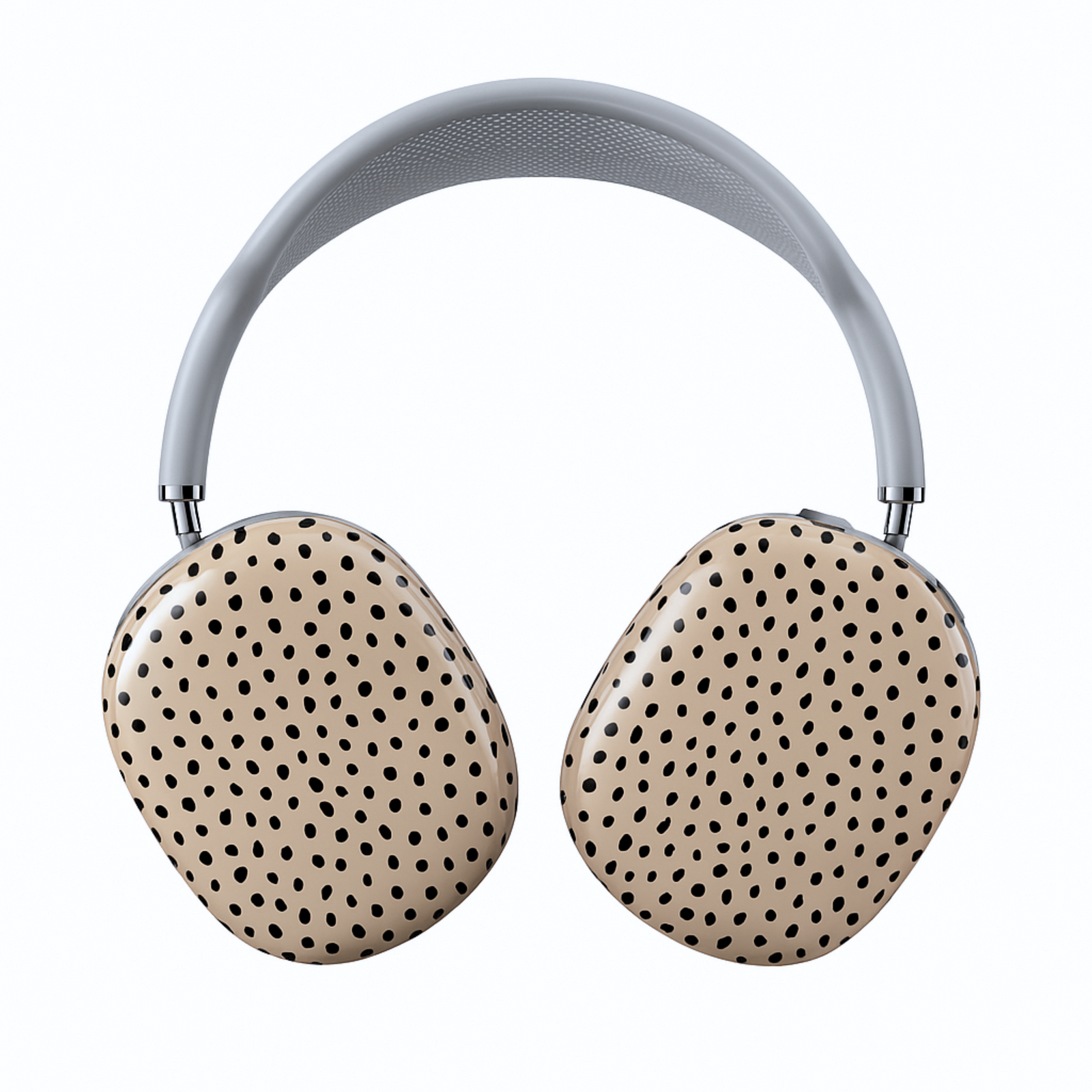 Neutral beige AirPods Max cover with black abstract dot pattern, modern minimalist headphone skin for Apple AirPods Max, stylish tech accessory.