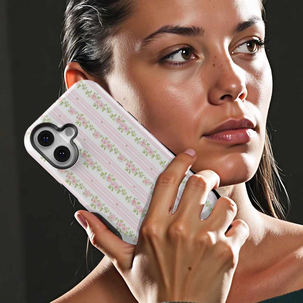 Custom pink floral stripe iPhone case with delicate rose details and personalized name. Elegant, vintage-inspired phone cover for a soft aesthetic.