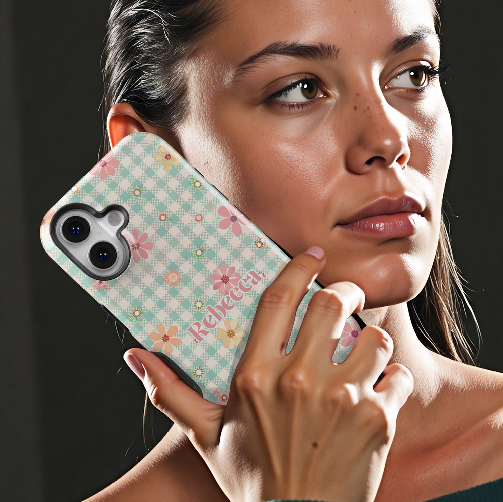 Custom gingham floral iPhone case with pastel colors and personalized name. Aesthetic vintage-inspired phone cover with a soft, cozy touch.