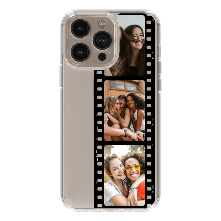 Personalized iPhone case with custom film strip photo design. Create a unique memory phone cover featuring your favorite pictures. Compatible with iPhone 15, 14, 13, 12 Pro Max.