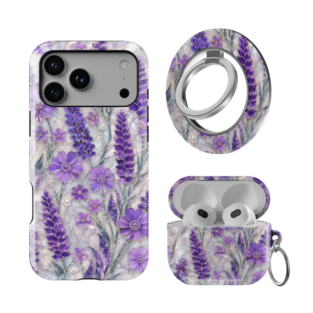 Lilac Blossom Luxe iPhone bundle with matching MagSafe case, AirPods case and ring holder