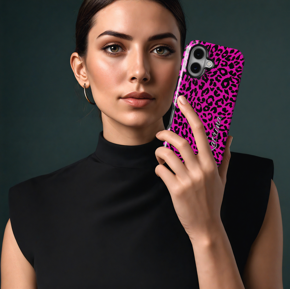 Hot pink leopard print iPhone 16 MagSafe case with personalized name Patricia – Pink Savage