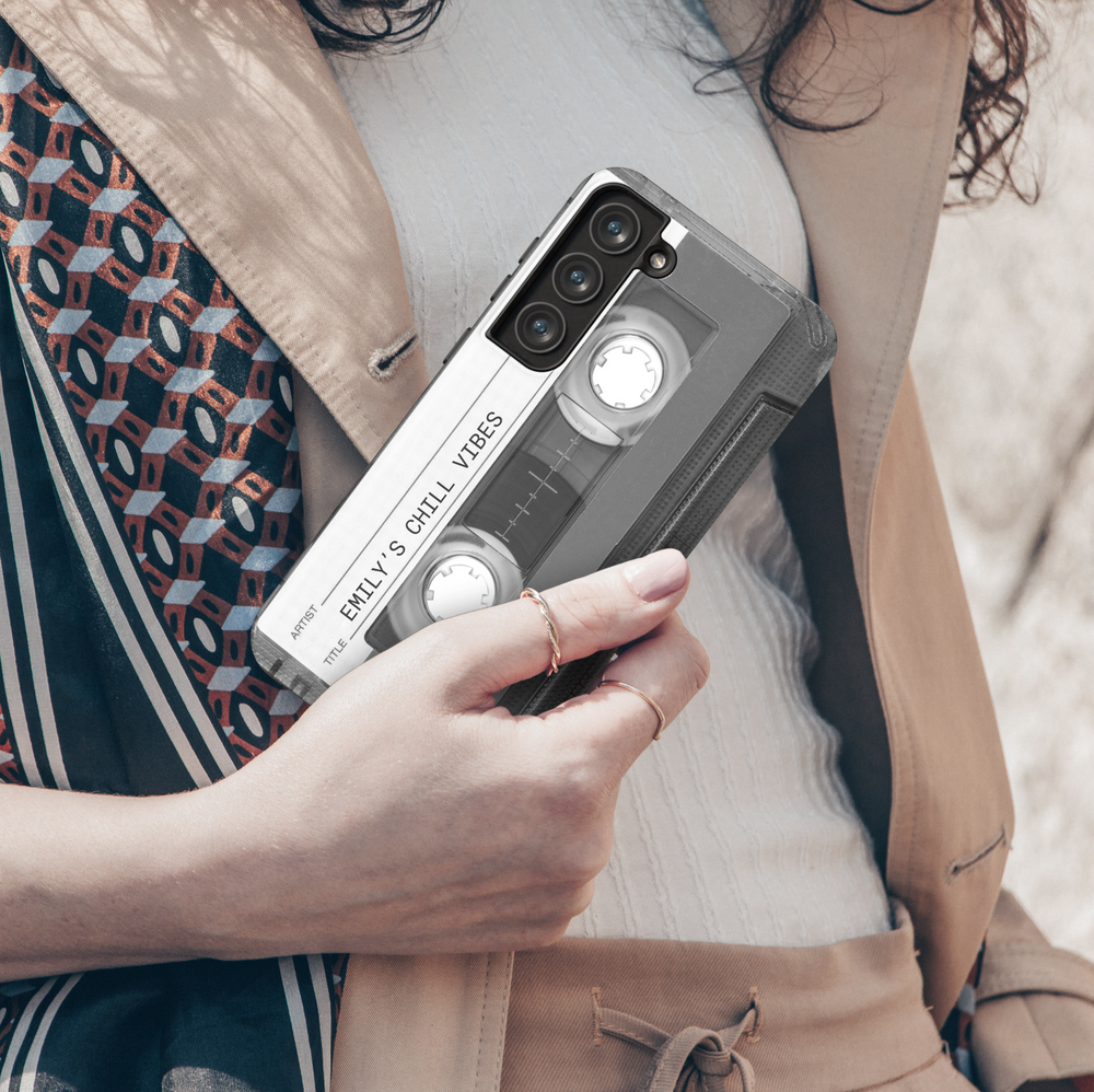 Black and white retro cassette Galaxy case with 'Emily's Chill Vibes' text – custom vintage mixtape phone cover