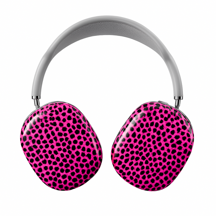 Hot pink leopard print AirPods Max cover, bold and wild animal print headphone skin for Apple AirPods Max, trendy girly tech accessory.