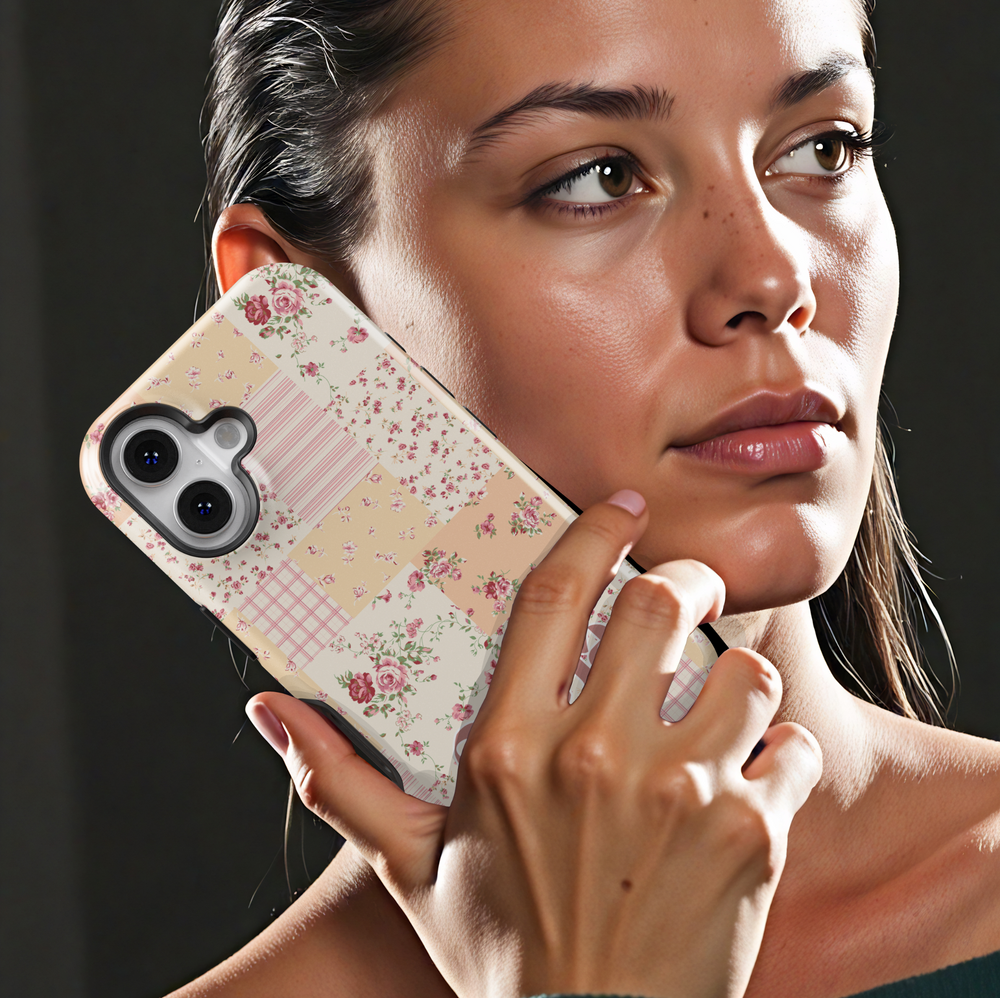Personalized floral patchwork iPhone case with vintage-inspired rose patterns and custom name. Aesthetic cottagecore phone cover.