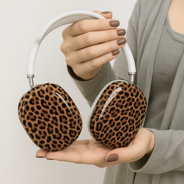 leopard print AirPods Max cover, bold and wild animal print headphone skin for Apple AirPods Max, trendy girly tech accessory.