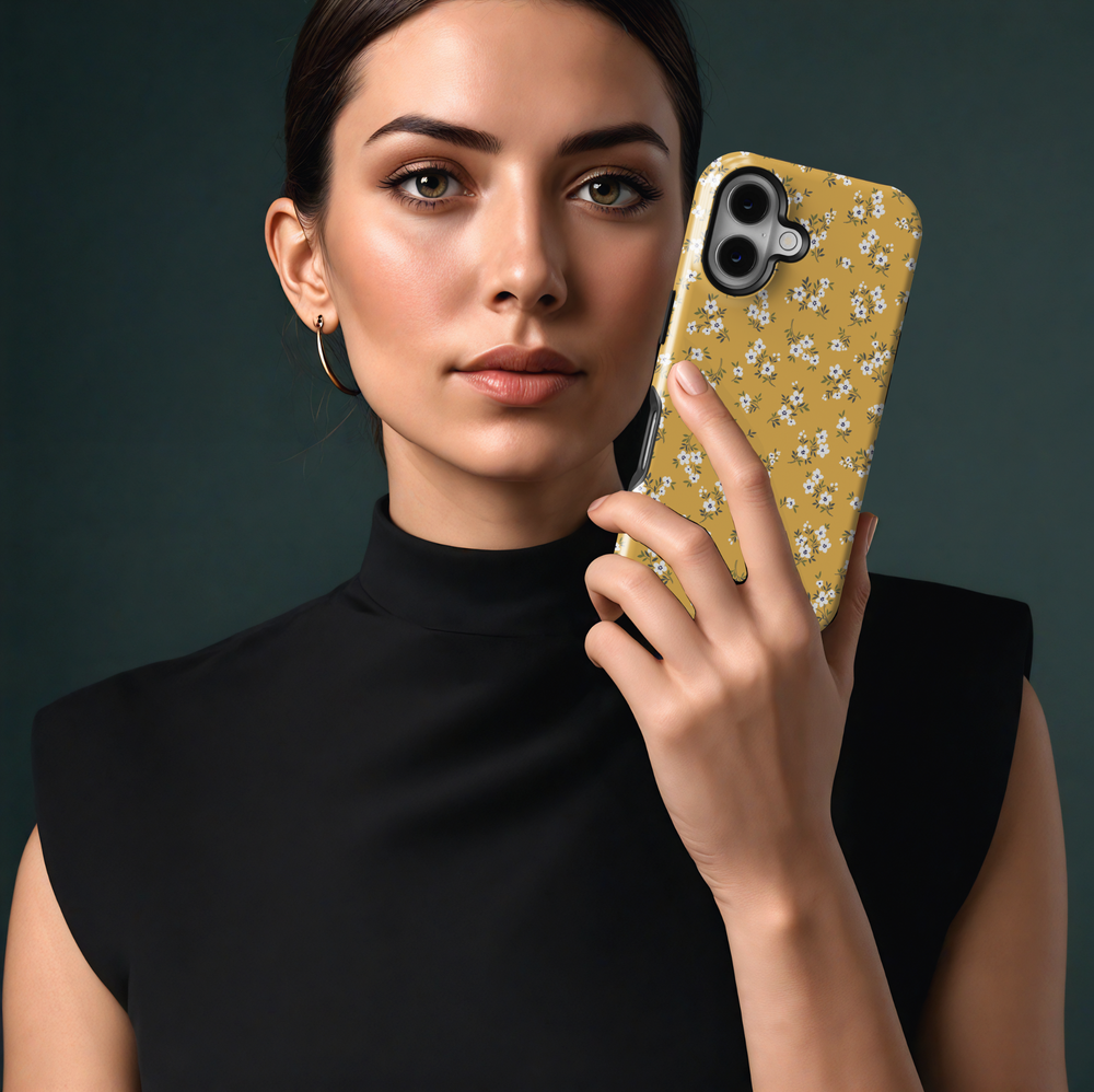 Mustard yellow floral MagSafe iPhone 16 case with white flowers – Golden Field